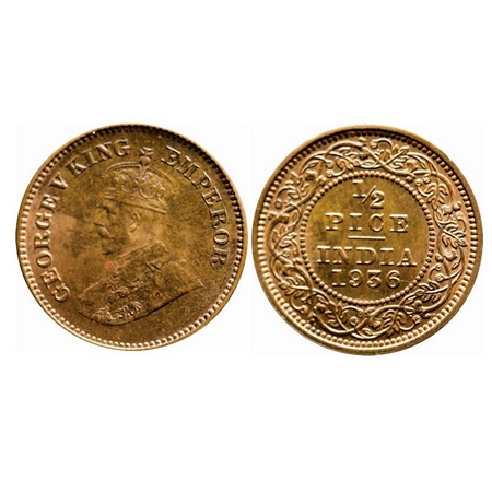 George V, Bronze, 1/2 Pice, 1936, Calcutta Mint, No mint mark. F. Prid 769. GK 1222. Brill