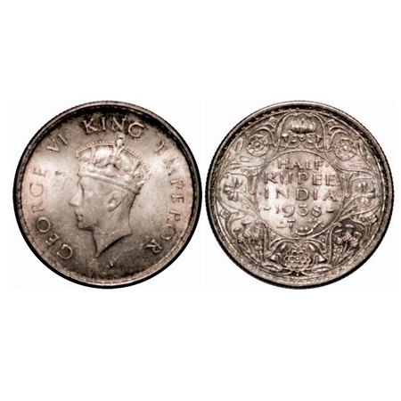 George VI, Silver, Half Rupee, 1938, Bombay Mint, Head Type I, A/I, Dot, Milled edge. F. P