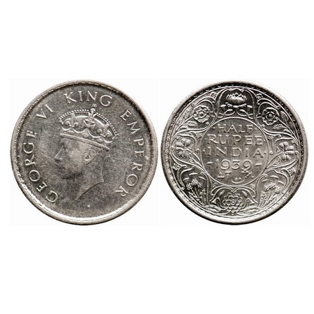 George VI, Silver, Half Rupee, 1939, Bombay Mint, Head Type I, A/I, Dot, Milled edge. F. P