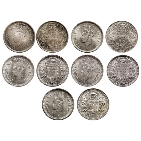 George VI, Mix Metal, Half Rupees, (Lot of 5 coins), 1) 1939, Silver, Bombay Mint, Head Ty
