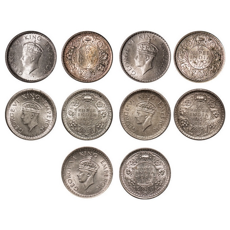George VI, Silver, Mix Metal, 1/4 Rupee, (5 coins), 1) 1939, Bombay Mint, Head Type I, Rev