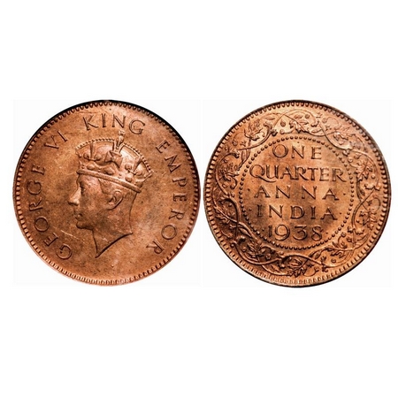 George VI, Bronze, Quarter Anna, 1938, Bombay Mint, Head Type I, Dot above 'N' of One, No 