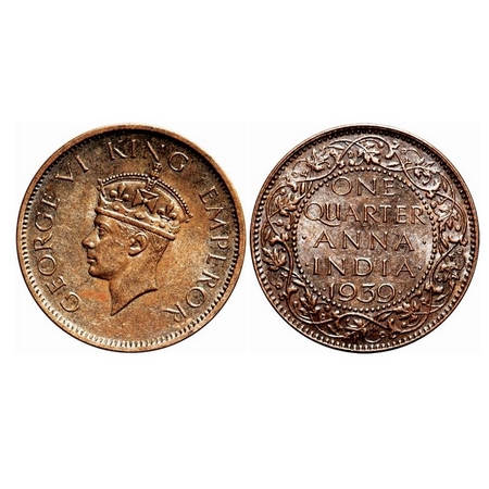 George VI, Bronze, Quarter Anna, 1939, Calcutta Mint, Head Type II, No dot. F. Prid Unlist