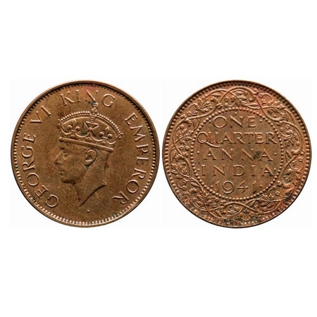 George VI, Bronze, Quarter Anna, 1941, Bombay Mint, Head Type II, Dot. F. Prid 693. GK 142
