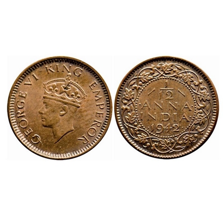 George VI, Bronze, 1/12 Anna, 1942, Bombay Mint, Dots by year. F. Prid 863. GK 1458. Brill