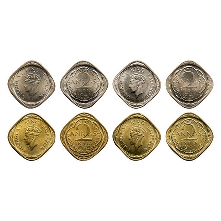 George VI, Mix Metal, 2 Annas, (Lot of 4 Coins), 1) 1941, Copper-Nickel, Bombay Mint, Head