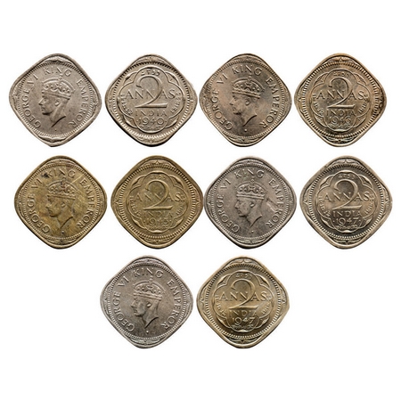 George VI, Mix Metal, 2 Annas, (Lot of 5 coins), 1) 1940, Copper-Nickel, Bombay Mint, Head