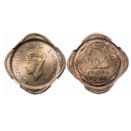 George VI, Copper-Nickel, 2 Annas, 1941, Calcutta Mint, Head Type II, No dots by year. F.
