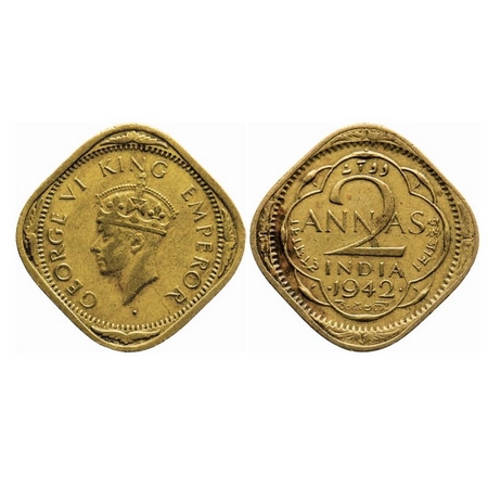 George VI, Nickel-Brass, 2 Annas, 1942, Bombay Mint, Head Type II, Dots by year, Small num