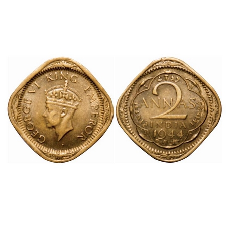George VI, Brass-Nickel, 2 Annas, 1944, Lahore Mint, Head Type II, No dots by year, 'L' ra
