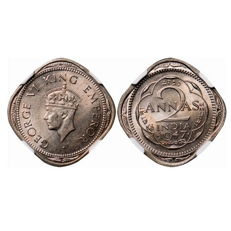 George VI, Copper-Nickel, 2 Annas, 1947, Bombay Mint, Head Type II, Dots by year (large do