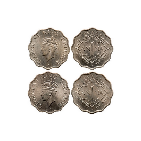 George VI, Copper-Nickel, 1 Anna, 1947, (2 coins), 1) Bombay Mint, head Type II, Dot, Tip 