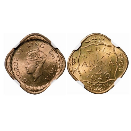 George VI, Nickel-Brass, 1/2 Anna, 1943, Calcutta Mint, Dots by India dashes by year. F. P
