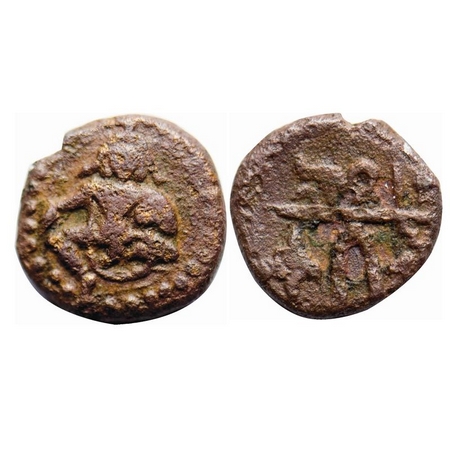Gingee Nayaks, Copper, 1.43g, Obv: Seated Balkrishna, Rev: Vaishnavite symbol and trident.