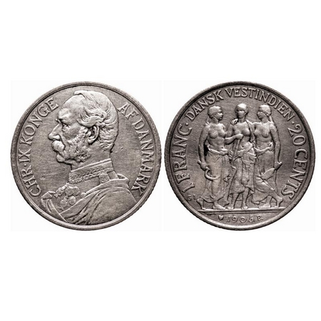 Danish West Indies, Silver (0.800 silver), 4.96g, 20 Cents, Christian IX, 1905. KM 79. Abo