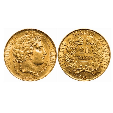 France, Gold, 20 Francs, 6.43g, 1851 A. KM 762. Almost Uncirculated, Scarce.