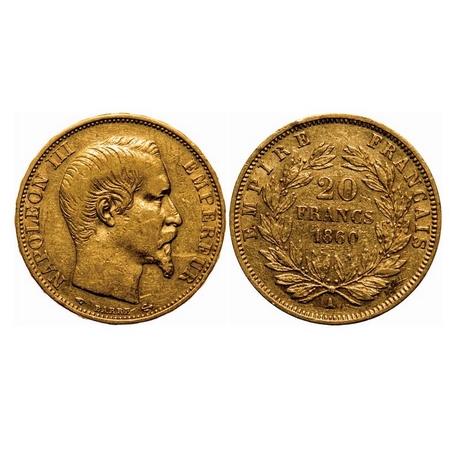 France, Gold, 20 Francs, 6.40g, 1860. KM 781.1. Very Fine+, Scarce.