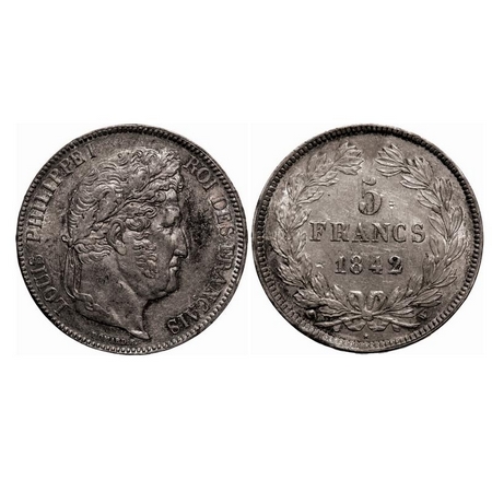 France, Silver 5 Francs, 25.06g, 1842, Mint Mark W, Obv: Portrait facing right, Louis Phil