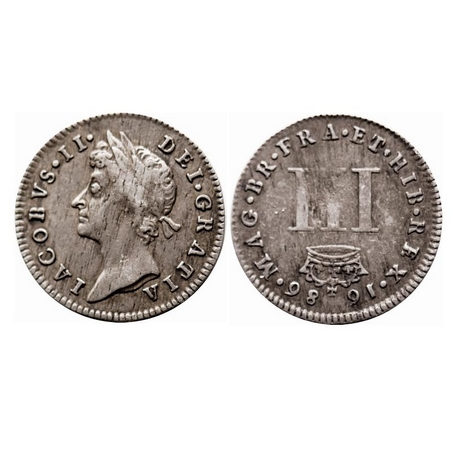 Great Britian, Silver (0.9250 Silver), 1.39g, 3 Pence, 1686, James II. KM 450. About Very
