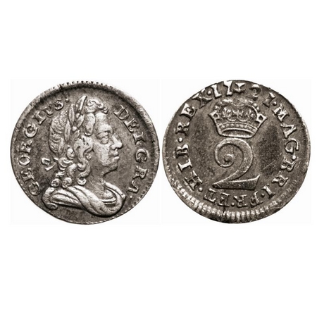 Great Britian, Silver (0.9250 Silver), 1.00g, 2 Pence, 1721, George I , KM 550. Toned Extr