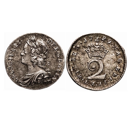 Great Britian, Silver (0.9250 Silver), 1.03g, 2 Pence, 1729, George II. KM 568. Extremely 