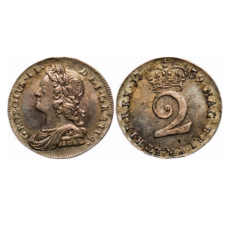 Great Britian, Silver (0.9250 Silver), 1.00g, 2 Pence, 1739, George II , KM 568. Toned Ext