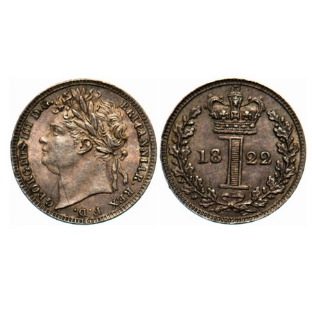 Great Britian, Silver (0.9250 Silver), 0.46g, 1 Penny, 1822, George IV. KM 683. Toned Unci