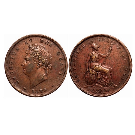 Great Britain, Copper, 18.97g, Penny, 1826 AD, George IV. KM 693, Very Fine+, Rare.