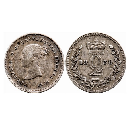 Great Britian, Silver (0.9250 Silver), 0.94g, 2 Pence, 1838, Victoria Queen. KM 729. Very 