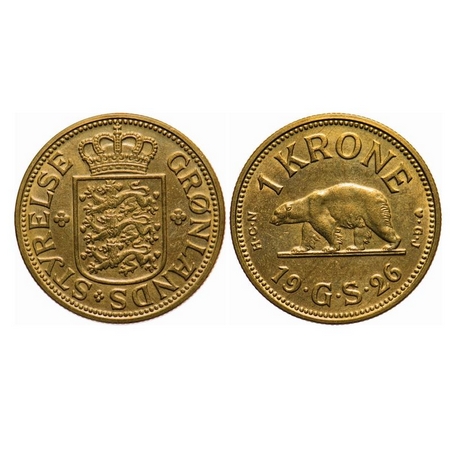Greenland, Danish Colony, Aluminiu Bronze, 7.48g, 1 krone, 1926, Obv: Crowned Arms, GROLAN