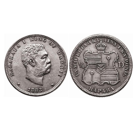 Hawaii, Silver (0.900 silver), 5.66g, 1/4 Dollar, Kalakaua, 1883. KM 5. Very Fine+, Rare.