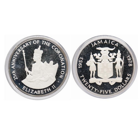 Jamaica, Silver (0.9250 Silver) 25 Dollars Proof, 136.00g, Elizabeth II, 25 th Anniversary