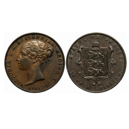 Jersey, Copper, 8.64g, 1/26 Shilling, 1861, Victoria Queen. KM 2. Toned Extremely Fine, Ra