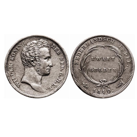 Netherland East Indies, Silver 1/4 Gulden (0.893 silver), 5.35g, 1834, Obv: Portrait facin