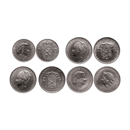 Netherlands, Silver (4 Coins), 25.00g, (0.720 silver), 2 1/2 Gulden, 1939, 1970, 1963 (15g