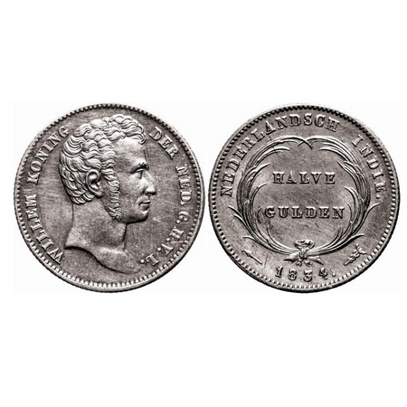 Netherland East Indies, Silver 1/2 Gulden (0.893 silver), 5.35g, 1834, Obv: Portrait facin