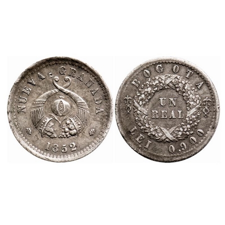 Nuvea Granada, Silver (0.900 Silver), 2.51g, Un (1) Real, 1852. KM 112. Very Fine, Scarce.