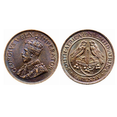 South Africa, Bronze 1/4 Penny, 2.81g, 1931 AD, George V. KM 12.3. Toned Brilliant Uncircu