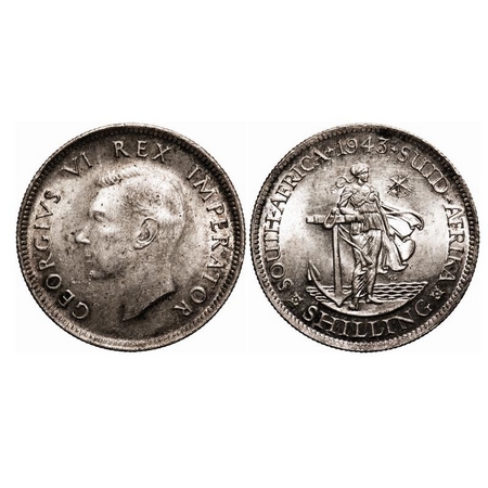 South Africa, Silver (0.800 silver) 5 Shillings, 5.63g, 1943 AD, Obv: Bust of George VI to