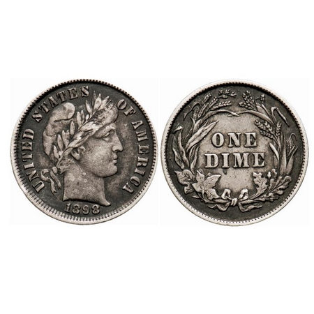 USA, Silver Dime ( 0.0724 silver), 2.45g, Charles E.Barber head, 1898. Very Fine, Scarce.