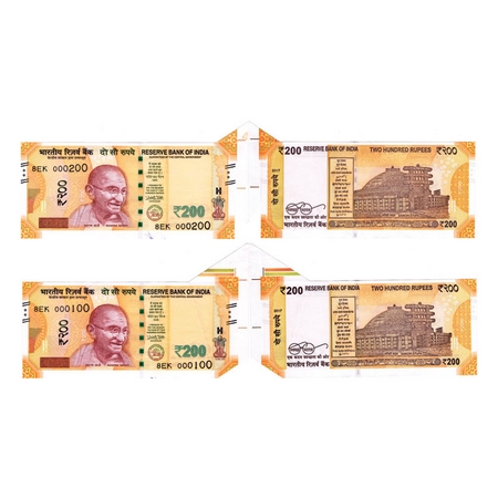 Republic of India, 200 Rupees (2 Notes), Error Paper fold towards back and cutting error S