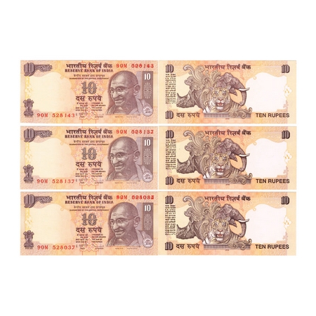 Republic of India, 10 Rupees (3 Notes), Error double serial numbers on top only, overprint