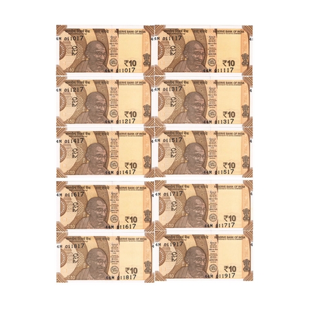 Republic of India, 10 Rupees (10 Notes of one Sheet), Error, Serial number shifted, Signed