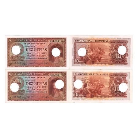 Portuguese India,10 Rupias (2 Notes), Banko Nacional Ultramarino, 6th issue 1945, Dez (10)