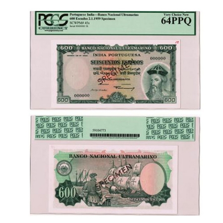 Portuguese India, SPECIMEN, 600 Escudos, Banko Nacional Ultramarino, 7th issue 1959, Seisc