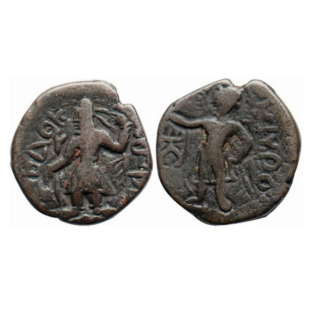 Kushans, Kanishka I, Copper ½ unit, 4.73g, 18.24x18.15mm, Obv: King standing facing head l