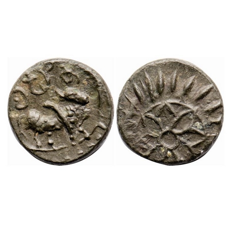 Pallavas of Kanchi, Potin Unit, 2.62g, 14.93x14.83mm, Obv: Humped bull walking to right wi