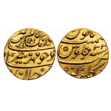 Aurangzeb, Gold Mohur, 10.95g, Gulbarga Mint, AH 1101/34 RY. KM 315.19. Extremely Fine, Sc