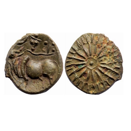 Pallavas of Kanchi, Potin Unit, 5.34g, 22.78x21.41mm, Obv: Bull walking to left above cres