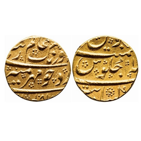 Aurangzeb, Gold Mohur, 11.06g, Khambayat Mint, AH 1081/1(4) RY, Mirh-e-munir couplet, the 